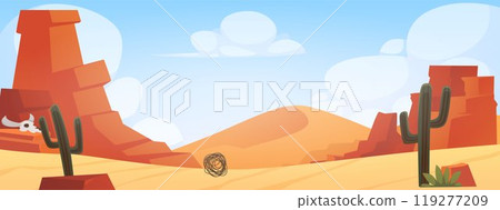 Illustration of desert landscape with rocks, tumbleweeds, tumbleweeds and blue sky. 119277209