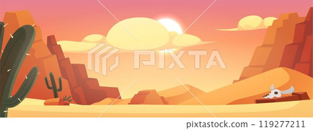 A desert landscape. Vector illustration of Arizona with sand dunes, cacti, mountains and sunset sky A desert landscape. Vector illustration of Arizona with sand dunes, cacti, mountains and sunset sky 119277211
