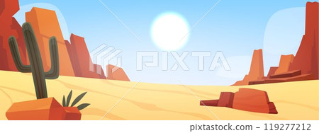 Desert landscape with sand dunes, mountains and cactus, vector cartoon blue sky, sun light under wild African nature 119277212