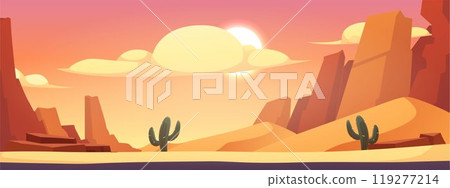 Desert landscape with sand dunes, mountains and cactus plant, vector cartoon sun and clouds under wild African nature 119277214