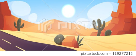 Vector illustration of a desert landscape with rocks, cacti, road and sun on blue sky. Vector illustration of a desert landscape with rocks, cacti, road and sun on blue sky. 119277215