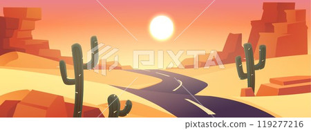Desert landscape with golden sand dunes, mountains, cactus and road, vector cartoon hot sun wild dry African nature 119277216