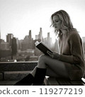 A beautiful American woman reading on the roof of a building (monochrome) 119277219