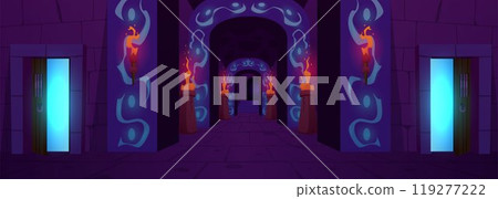Medieval dungeon corridor interior with glowing opened doors, stone walls, burning torches, vector ancient prison hall 119277222