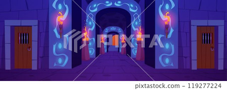 The vector interior of the dungeon with ancient stone walls, torches with a long corridor The vector interior of the dungeon with ancient stone walls, torches with a long corridor 119277224