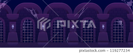 The interior of the prison has ancient stone walls and doors with bars and cobwebs The interior of the prison has ancient stone walls and doors with bars and cobwebs 119277234