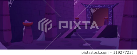 Dark empty dungeon with remnants of ash, cobwebs. 119277235