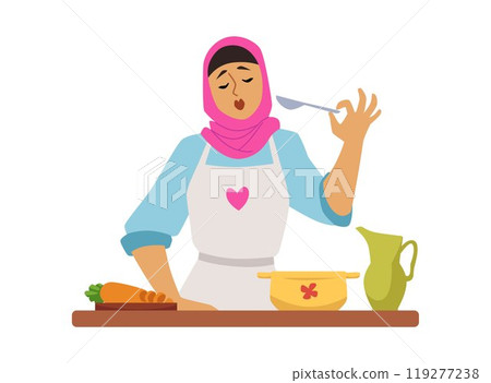 Muslim woman cooking on the kitchen, chopping vegetables, tasted, vector cartoon female in hijab preparing a halal dish Muslim woman cooking on the kitchen, chopping vegetables, tasted, vector cartoon female in hijab preparing a halal dish 119277238