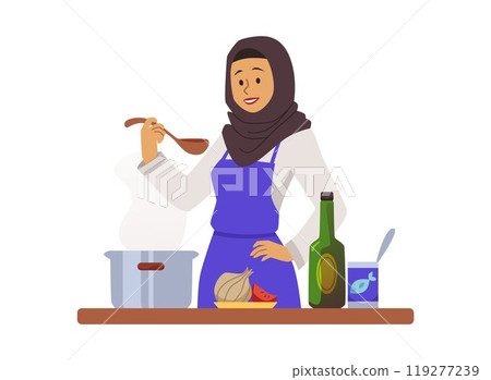 Muslim woman cooking on the kitchen, tasting the dish from pot, vector cartoon female in hijab preparing a halal food Muslim woman cooking on the kitchen, tasting the dish from pot, vector cartoon female in hijab preparing a halal food 119277239