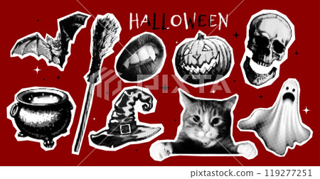 Halftone sticker Halloween vector of a spooky cat, pumpkin, bat, and skeleton. 119277251