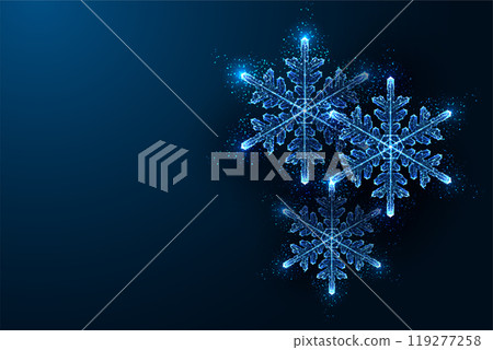 Abstract glowing snowflakes on blue background. Festive winter design, Christmas, New Year banner 119277258