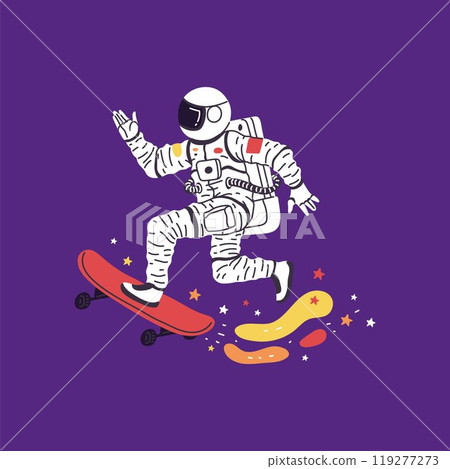 Vector illustration of an astronaut riding a skateboard at high speed on a purple background Vector illustration of an astronaut riding a skateboard at high speed on a purple background 119277273