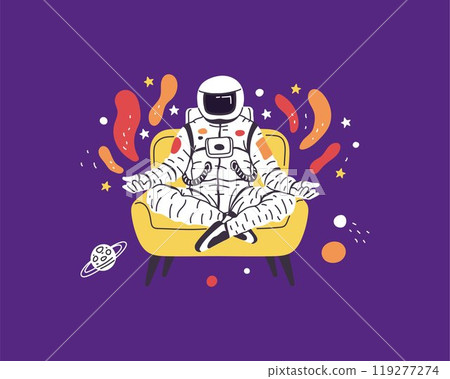 Vector illustration astronaut sitting in a lotus position on a chair surrounded by the stars 119277274
