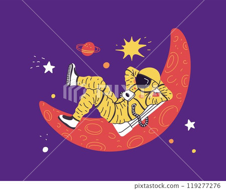 Vector illustration with an astronaut resting on the moon surrounded by the sun, stars, Saturn 119277276