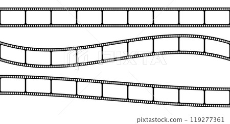 Set of blank straight and curved film strips. Horizontal video or photo camera tapes isolated on white background. Storyboard layouts. Vintage frames for photographic collage. Vector illustration 119277361