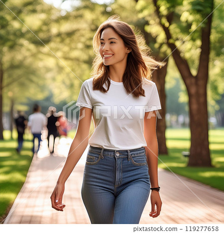 A woman walking in a park lined with green trees 119277658