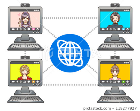Illustration material of adult men and women in casual clothes holding a web conference on a computer Illustration material of adult men and women in casual clothes holding a web conference on a computer 119277927