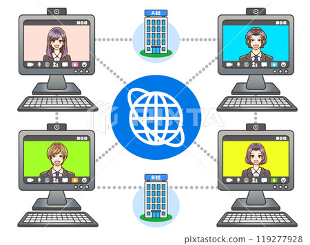 Illustration material of adult male and female office workers in suits holding a web conference on a computer 119277928