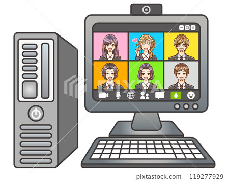 Illustration material 2 of adult male and female office workers in suits holding a web conference on a computer 119277929