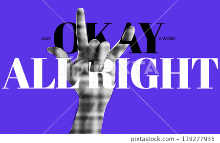 .Trendy pop art collage featuring halftone effects with a punk rock and techno concert vibe. Vector illustration with hand gesture, torn paper, and grunge elements 119277935