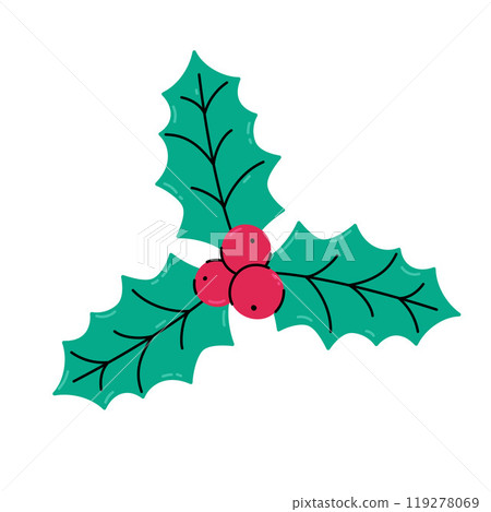 Christmas holly leaf isolated. Doodle vector illustration of three ilex leaves and berries. Cute Christmas celebration symbol 119278069
