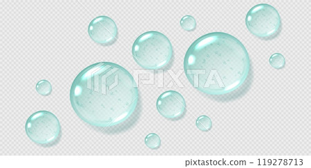 Mint serum drops, transparent gel droplets, realistic glossy liquid, moisturizing cosmetic product, hyaluronic acid. 119278713