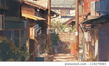 Showa retro residential area and back alley scenery at dusk 119279065