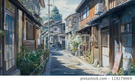 A retro Showa-era residential area and a quiet backstreet scene on a sunny afternoon 119279069