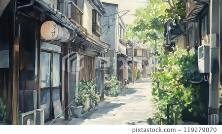 A Showa-era retro townscape and quiet backstreets with swaying lanterns 119279070