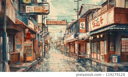 A Showa retro shopping street, a quiet evening scene after the rain 119279128