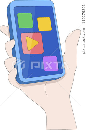 Hand Holding Smartphone Displaying Multiple App Icons Symbolizing Multifunctional Access Hand Holding Smartphone Displaying Multiple App Icons Symbolizing Multifunctional Access 119279201