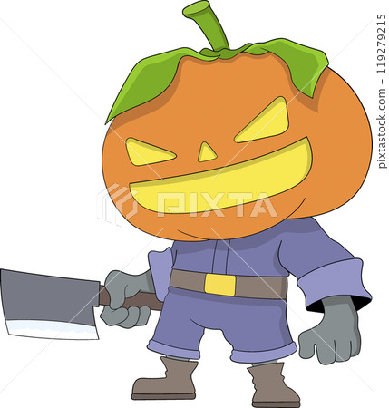 SCARY HALLOWEEN PUMPKIN MONSTER HOLDING A CLEAVER IN A MENACING POSE 119279215