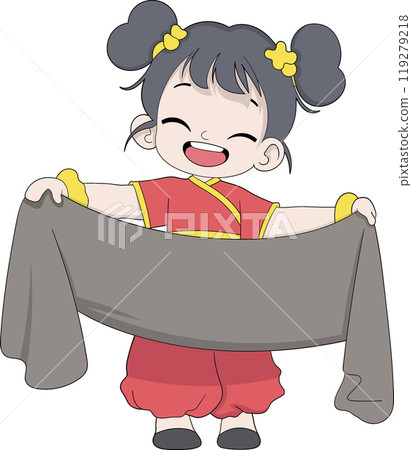 SMILING CHINESE GIRL HOLDING A BLANK FABRIC BANNER FOR TEXT TEMPLATE SMILING CHINESE GIRL HOLDING A BLANK FABRIC BANNER FOR TEXT TEMPLATE 119279218