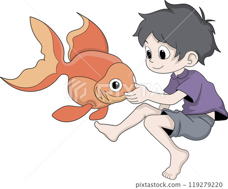 YOUNG BOY PLAYING WITH A LARGE ORANGE FISH IN A FUN AND JOYFUL SCENE YOUNG BOY PLAYING WITH A LARGE ORANGE FISH IN A FUN AND JOYFUL SCENE 119279220