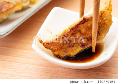 配醬汁吃的看起來很美味的煎餃子的特寫 配醬汁吃的看起來很美味的煎餃子的特寫 119279564