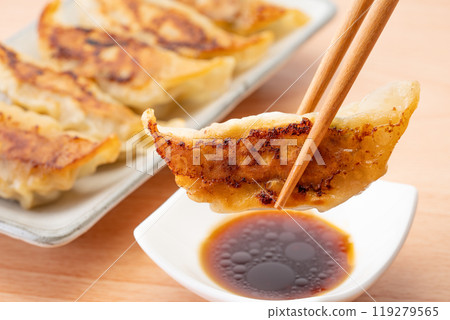 Close-up of delicious fried dumplings dipped in sauce Close-up of delicious fried dumplings dipped in sauce 119279565
