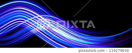 Glowing neon light trail background. Iridescent blue swoosh speed lines. Magic luminous curved path concept. Abstract dynamic flowing stripes. Long exposure streaks for poster, banner, flyer. Vector 119279638