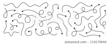 Comic dotted thin arrow set. Wavy curved dashed pointer collection. Squiggle sketchy direction lines. Dots squiggle loop stripe design elements bundle for flyer, poster, brochure, banner. Vector Comic dotted thin arrow set. Wavy curved dashed pointer collection. Squiggle sketchy direction lines. Dots squiggle loop stripe design elements bundle for flyer, poster, brochure, banner. Vector 119279640