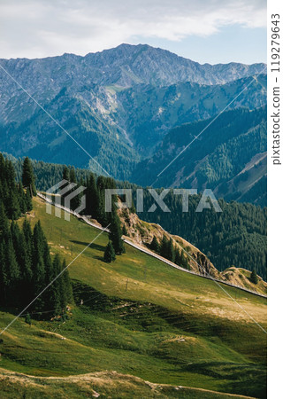 Rolling hills with mountain backdrop Rolling hills with mountain backdrop 119279643