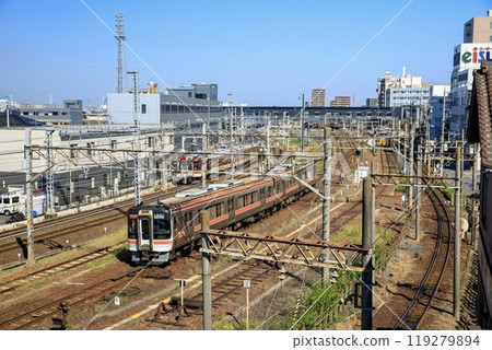 Rapid Mie and Kintetsu trains running on a section with three different track widths near Kuwana Station Rapid Mie and Kintetsu trains running on a section with three different track widths near Kuwana Station 119279894