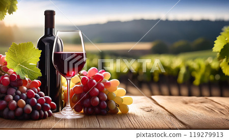 Grapes and red wine in a vineyard illuminated by the morning sun 119279913