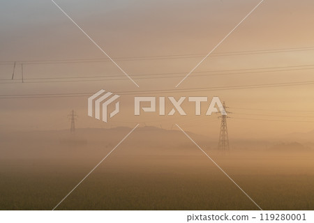 晨霧中顯得朦朧的鋼塔 119280001