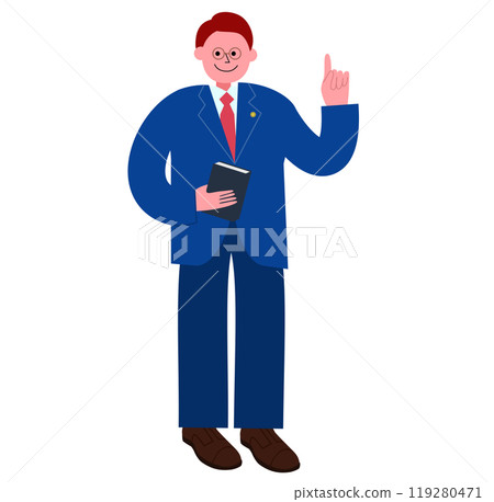 Illustration of a male lawyer holding a book of articles and pointing his index finger Illustration of a male lawyer holding a book of articles and pointing his index finger 119280471