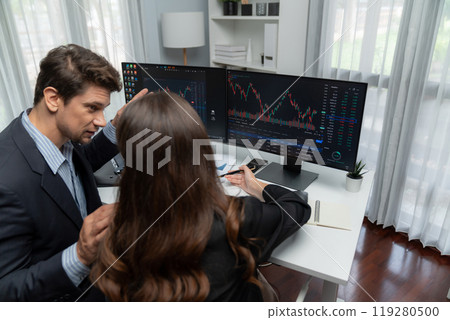 Business traders discussing on dynamic stock risk or profit point. Postulate. Business traders discussing on dynamic stock risk or profit point. Postulate. 119280500