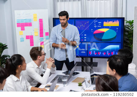 Presentation in office or meeting room with analyst team. Prudent Presentation in office or meeting room with analyst team. Prudent 119280502