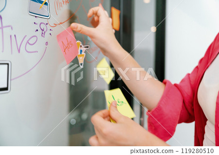Closeup of businesswoman hand putting sticky notes on white board. Immaculate. Closeup of businesswoman hand putting sticky notes on white board. Immaculate. 119280510