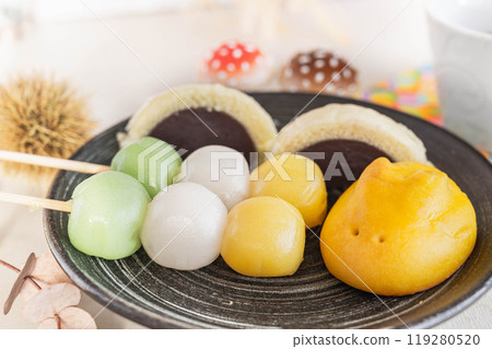 Assortment of Japanese sweets for moon viewing Assortment of Japanese sweets for moon viewing 119280520