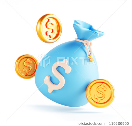3d money bag with dollar sign and flying gold coins. Concept of business, currency, investment, financial profit, cash, payment or wealth. Cartoon blue full sack, isolated render icon. 3D illustration 119280900