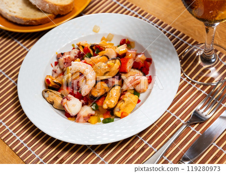 Bright Salpicon de Marisco, combining seafood and fresh vegetables Bright Salpicon de Marisco, combining seafood and fresh vegetables 119280973