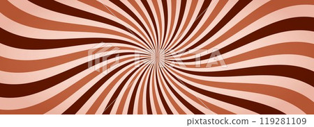 Chocolate color sunburst background. Milk coffee sunbeam pattern design. Retro brown nougat dessert wallpaper for template, banner, poster, flyer. Rotating cartoon candy rays and beams. Vector 119281109